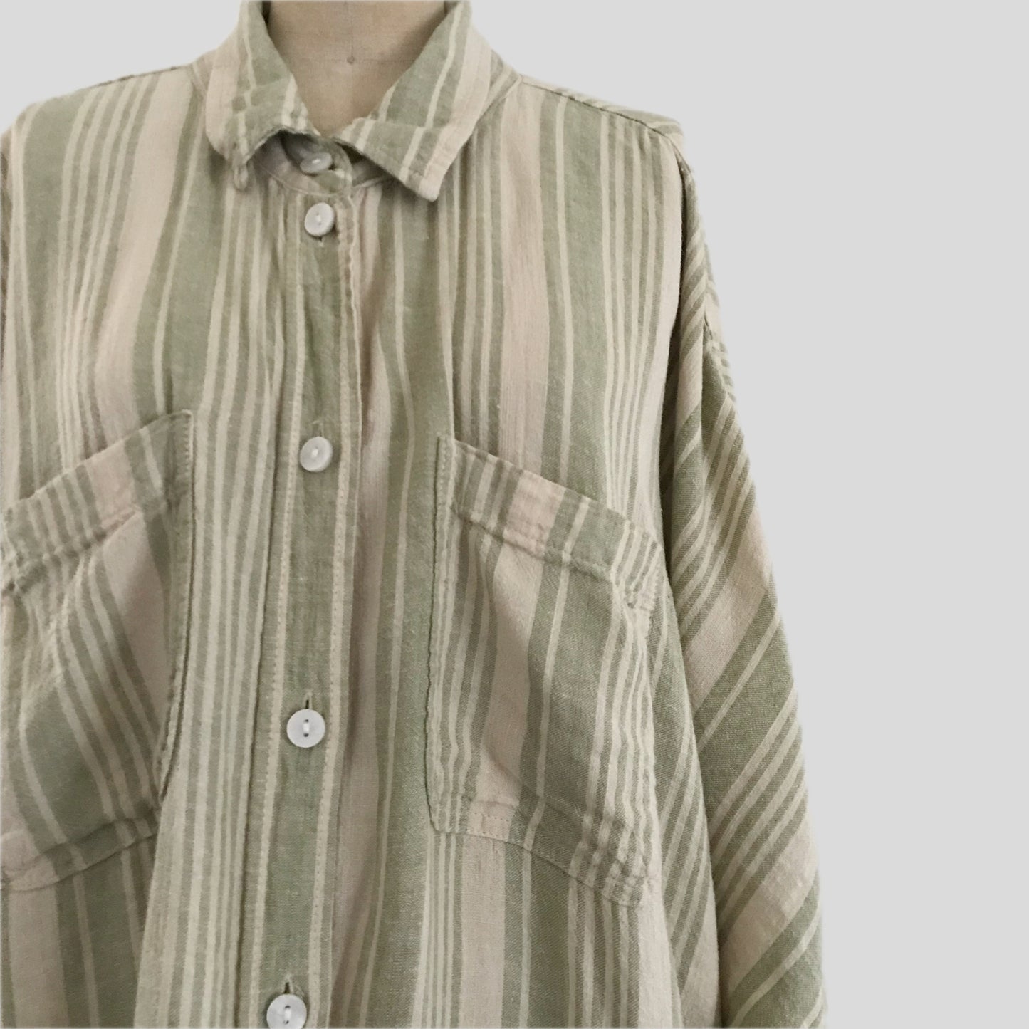 american-eagle-tan-green-striped-linen-casual-shirt-top