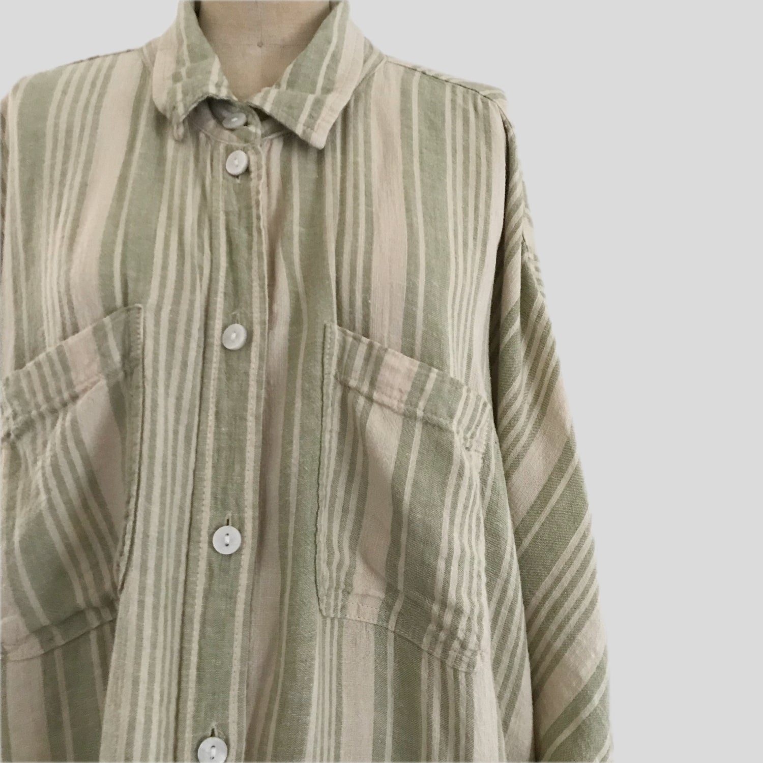 american-eagle-tan-green-striped-linen-casual-shirt-top