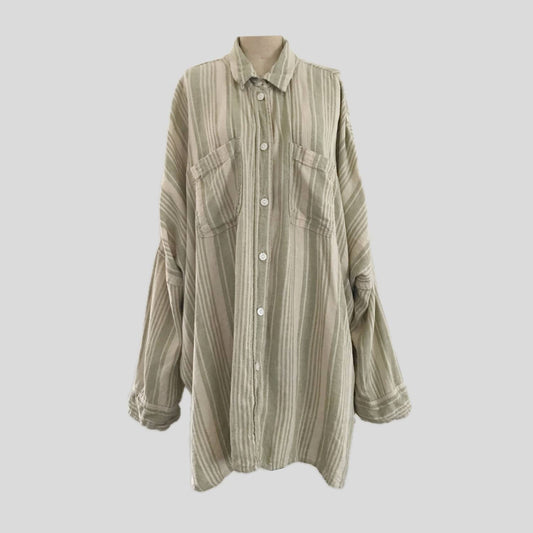 american-eagle-tan-green-striped-linen-casual-shirt-top