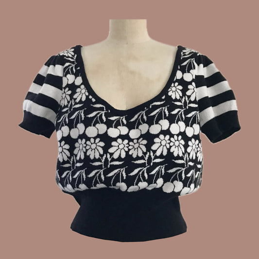 Anthropologie Black Floral Knit Retro Crop Top