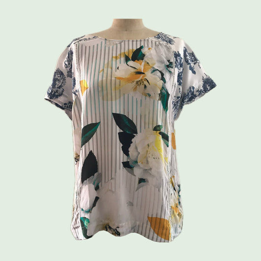 Anthropologie Floral + Striped Silk Blouse
