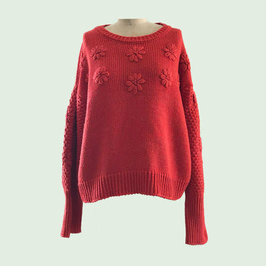 Anthropologie Orange Chunky Knit Embroidered Sweater