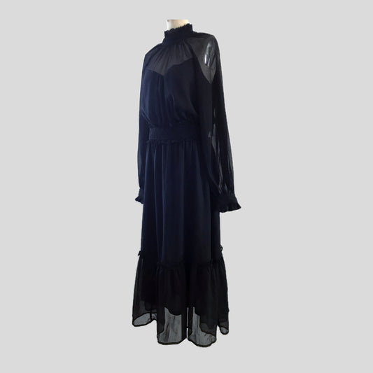 By The River Black Chiffon Long Sleeve Midi Dress