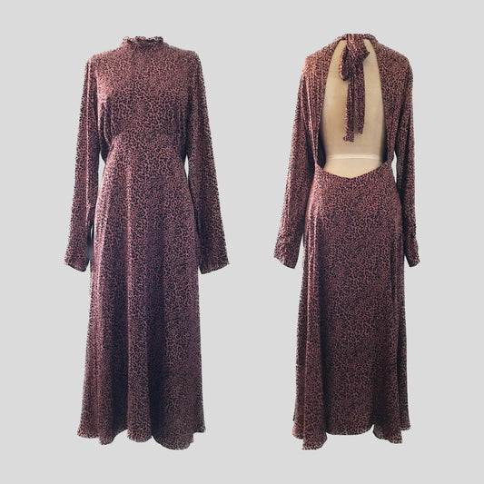 Free People Brown Satin Animal Print Backless Midi Dress