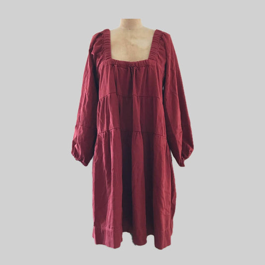 free-people-burgundy-tiered-cotton-long-sleeve-mini-dress.-square-neck