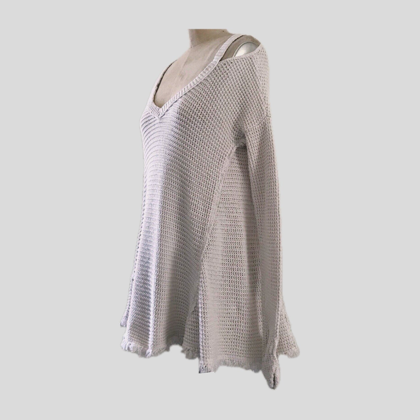 Free People Ivory Waffle Knit Cotton V Neck Top