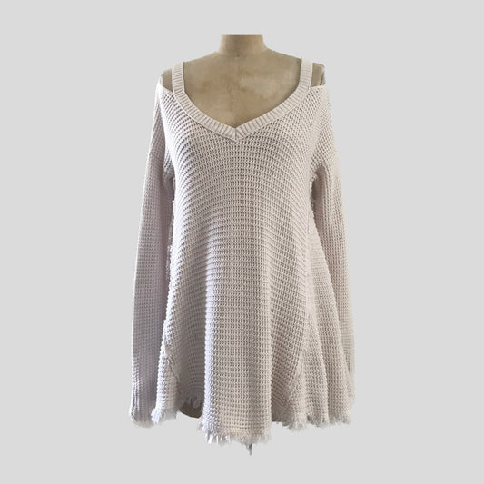 Free People Ivory Waffle Knit Cotton V Neck Top