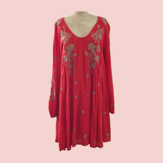 Free People Red Embroidered Open Back Mini Dress
