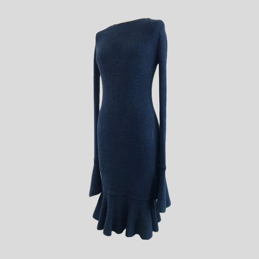 Intermix Blue Ribbed Knit Ruffle Midi Dress
