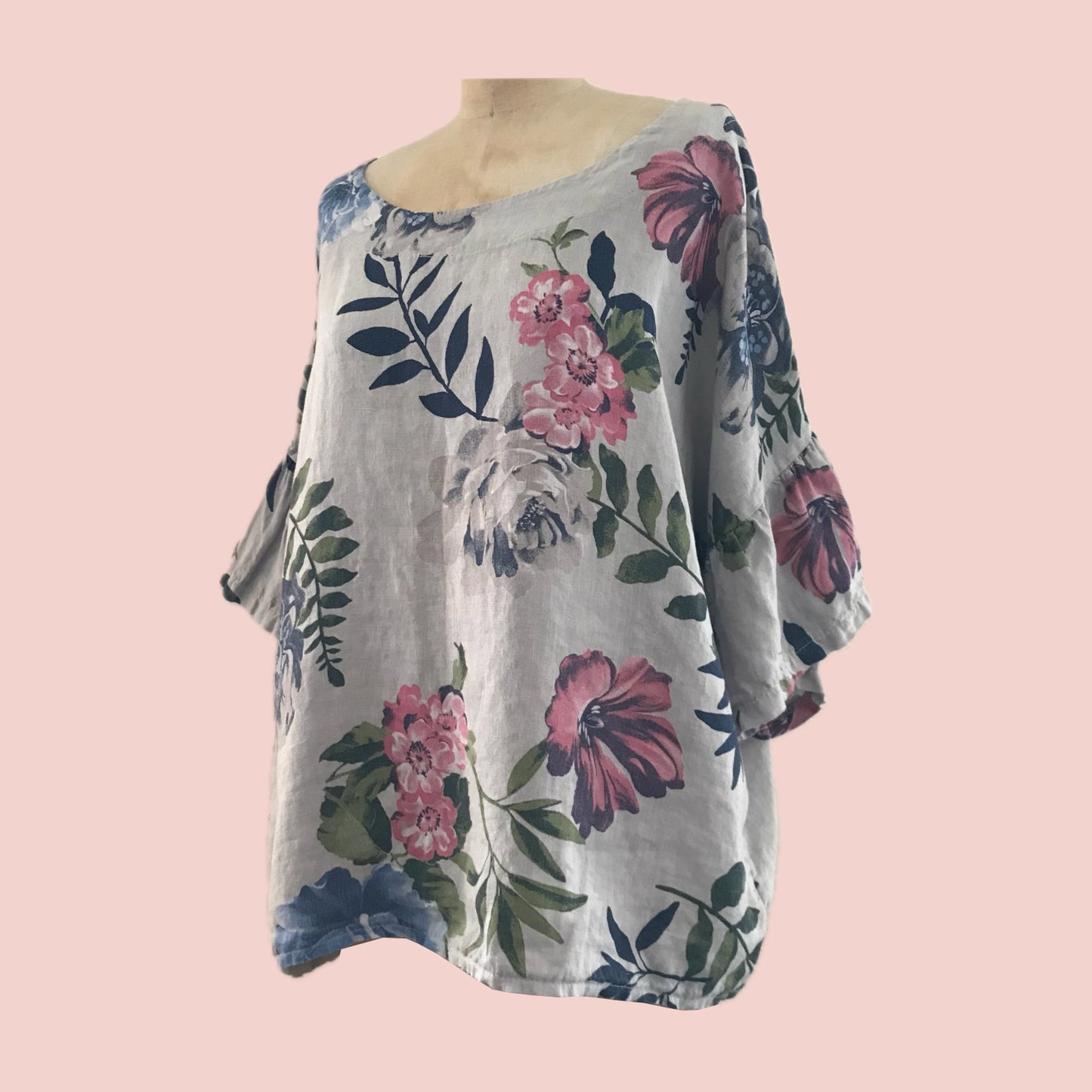 Laura Bianchi Gray + Pink Floral Linen Top