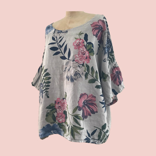 Laura Bianchi Gray + Pink Floral Linen Top
