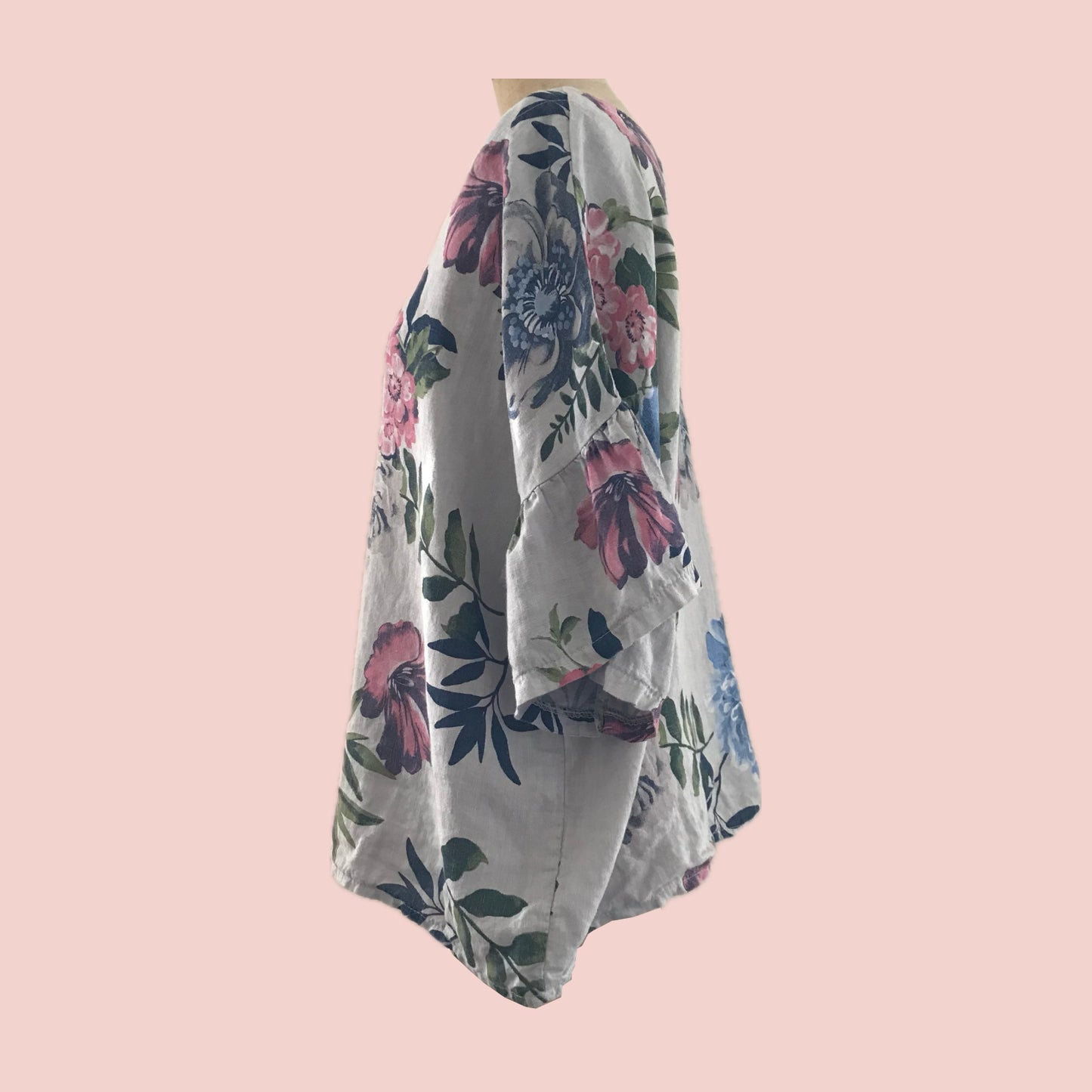Laura Bianchi Gray + Pink Floral Linen Top