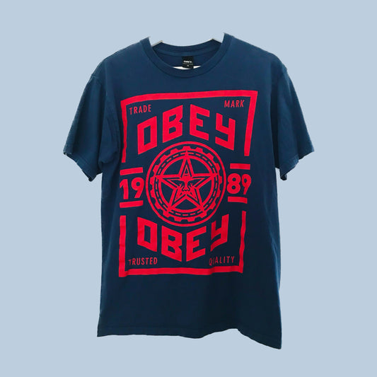 Obey Navy Blue Red Graphic Cotton Tee T Shirt