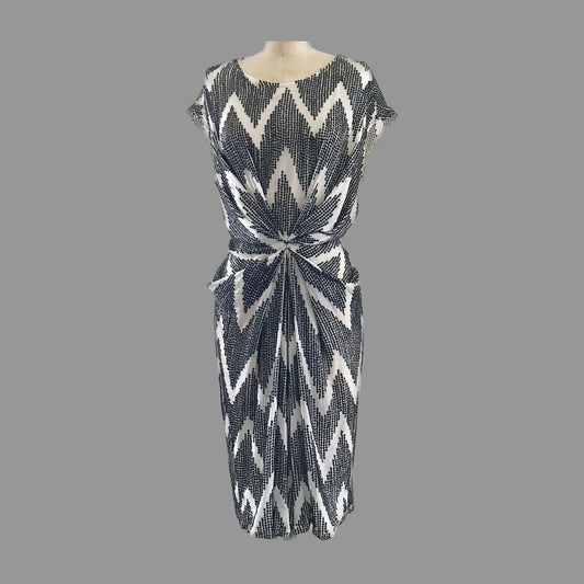Thurley Ivory + Black Silk Sequin Geometric Draped Mini Dress