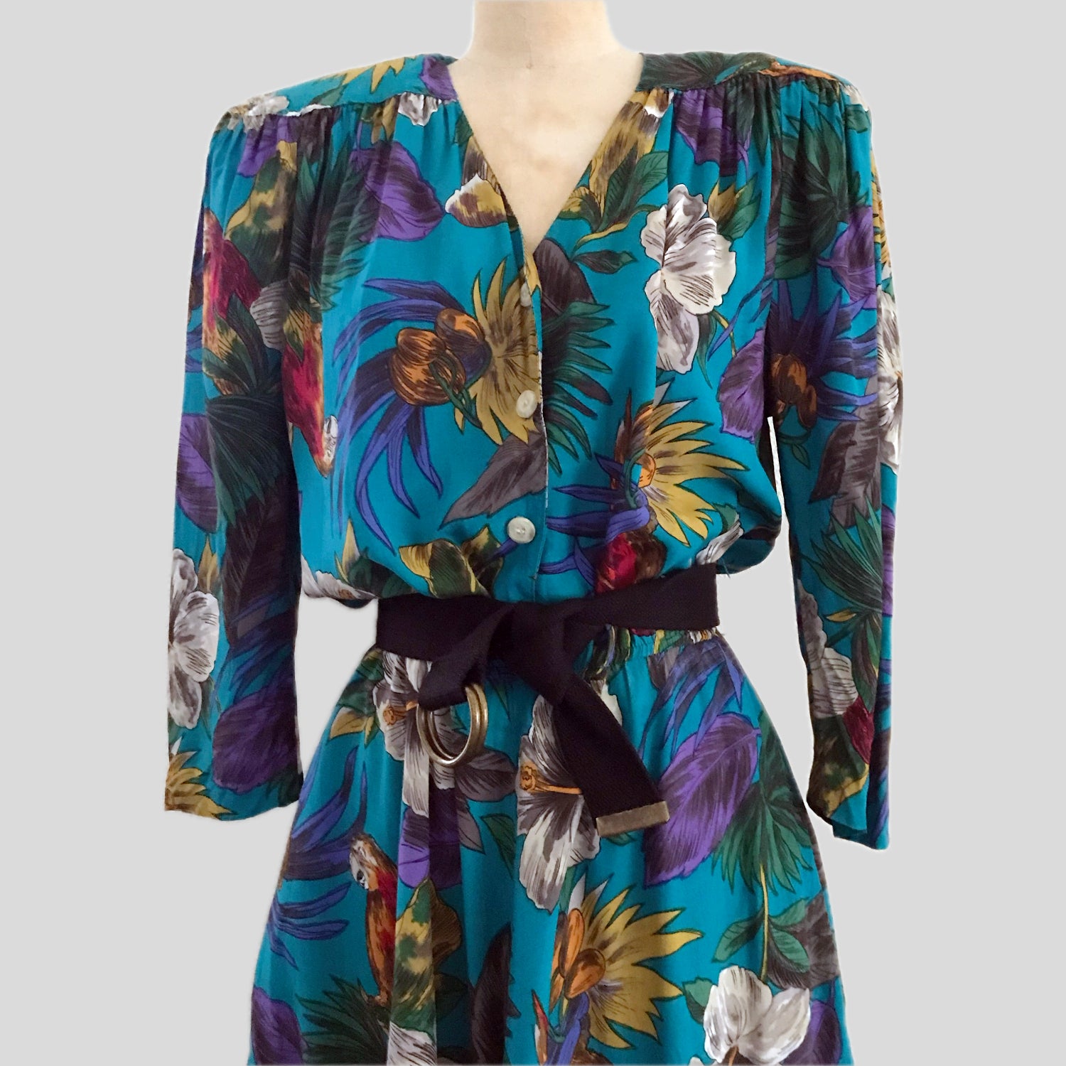 vintage-1980s-blue-floral-bird-midi-dress