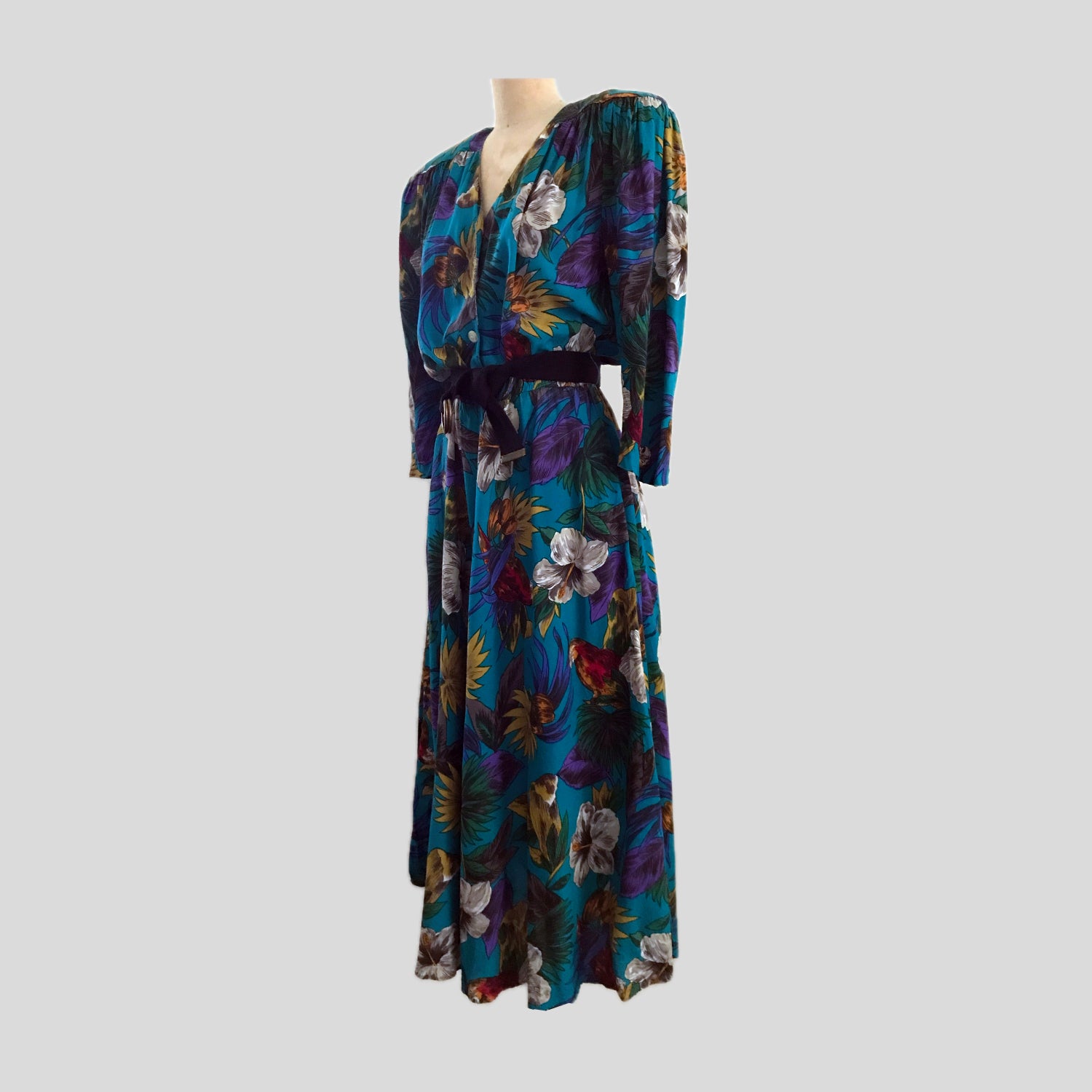 vintage-1980s-blue-floral-bird-midi-dress