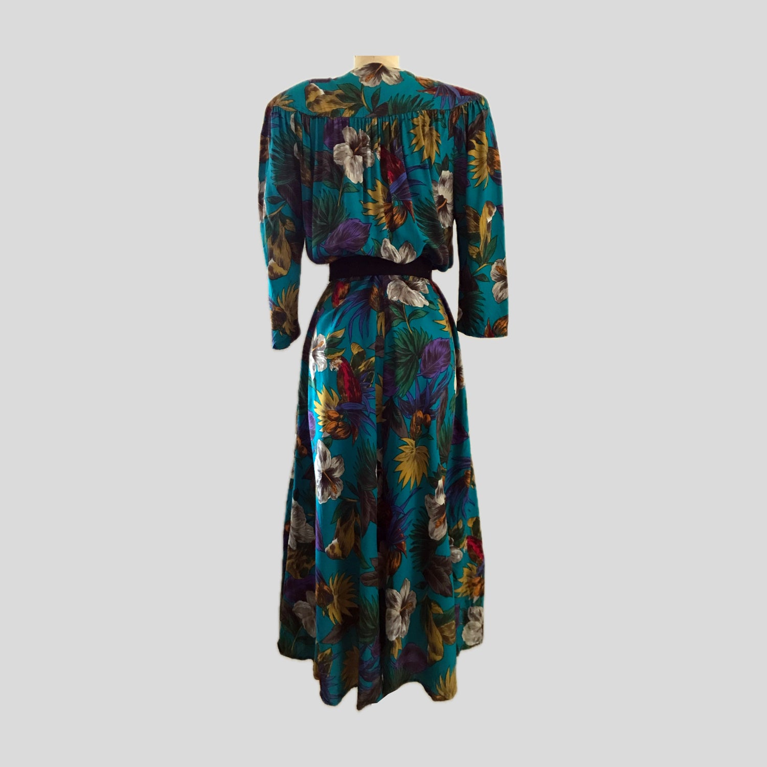 vintage-1980s-blue-floral-bird-midi-dress