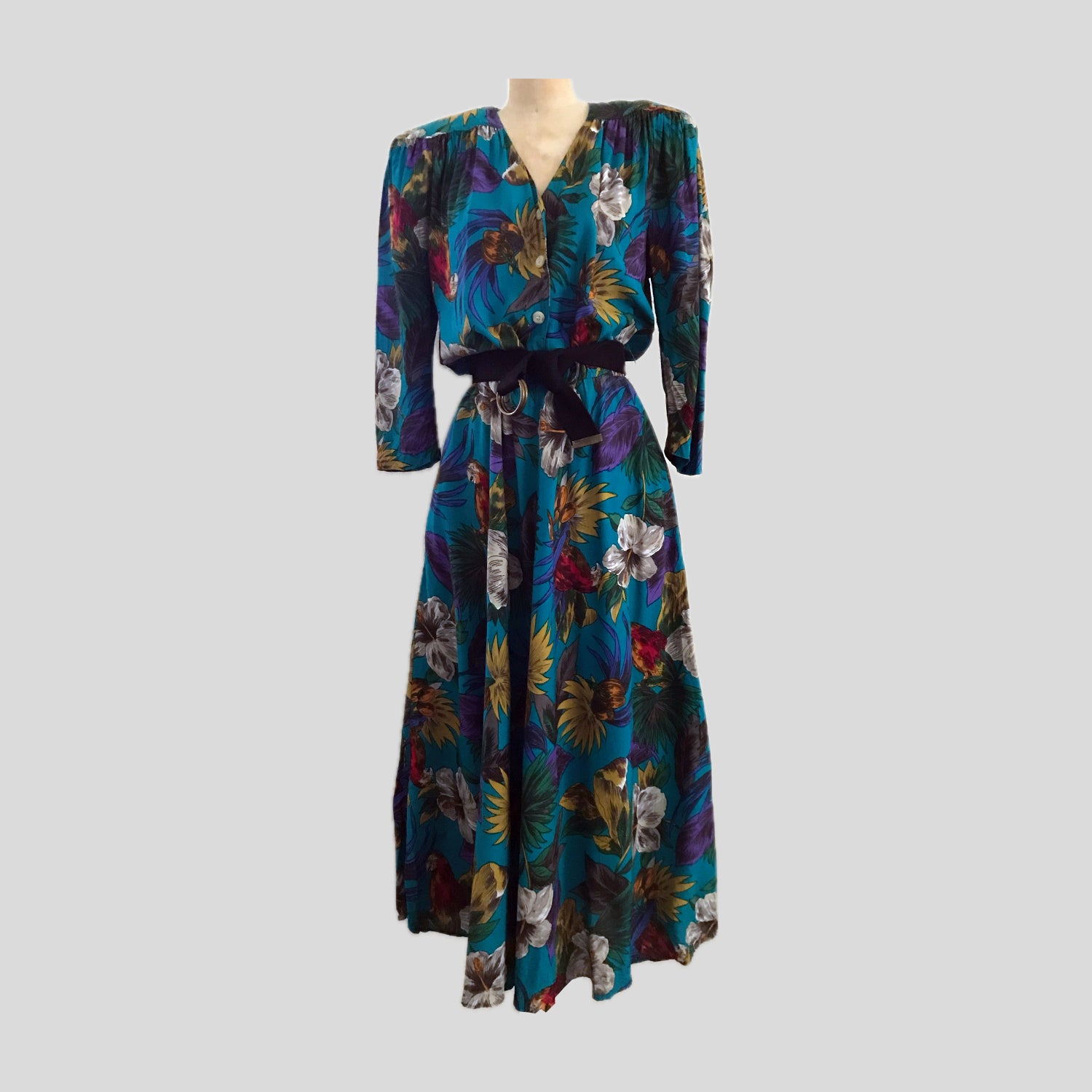 vintage-1980s-blue-floral-bird-midi-dress