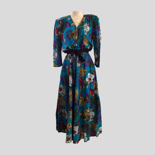 vintage-1980s-blue-floral-bird-midi-dress
