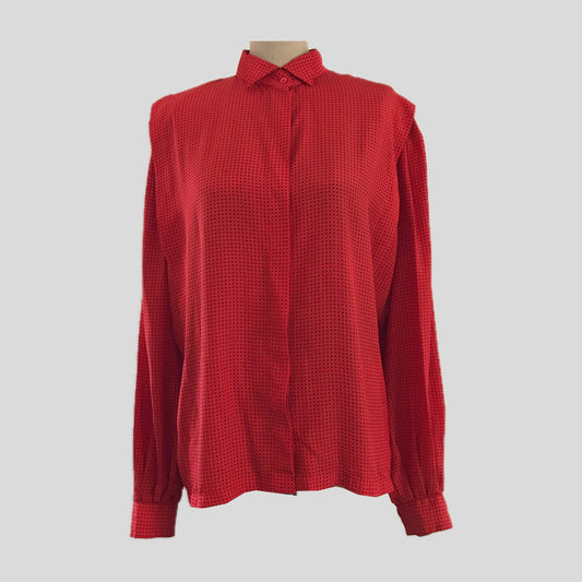 Vintage 1980s Liz Claiborne Red Black Long Sleeve Polka Dot Collared Blouse Top