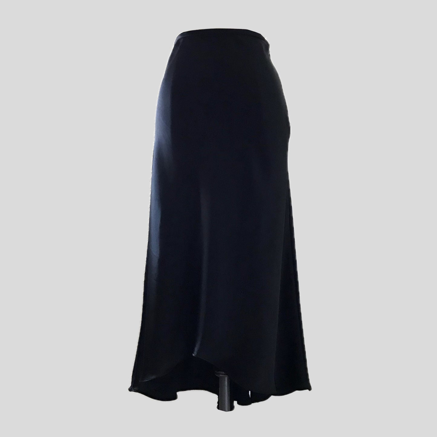 Vintage 1990s ABS Allen Schwartz Black Satin Minimalist Chic Midi Skirt