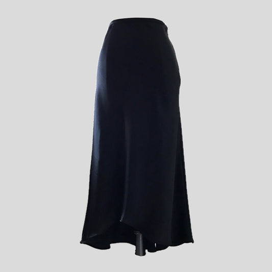 Vintage 1990s ABS Allen Schwartz Black Satin Minimalist Chic Midi Skirt