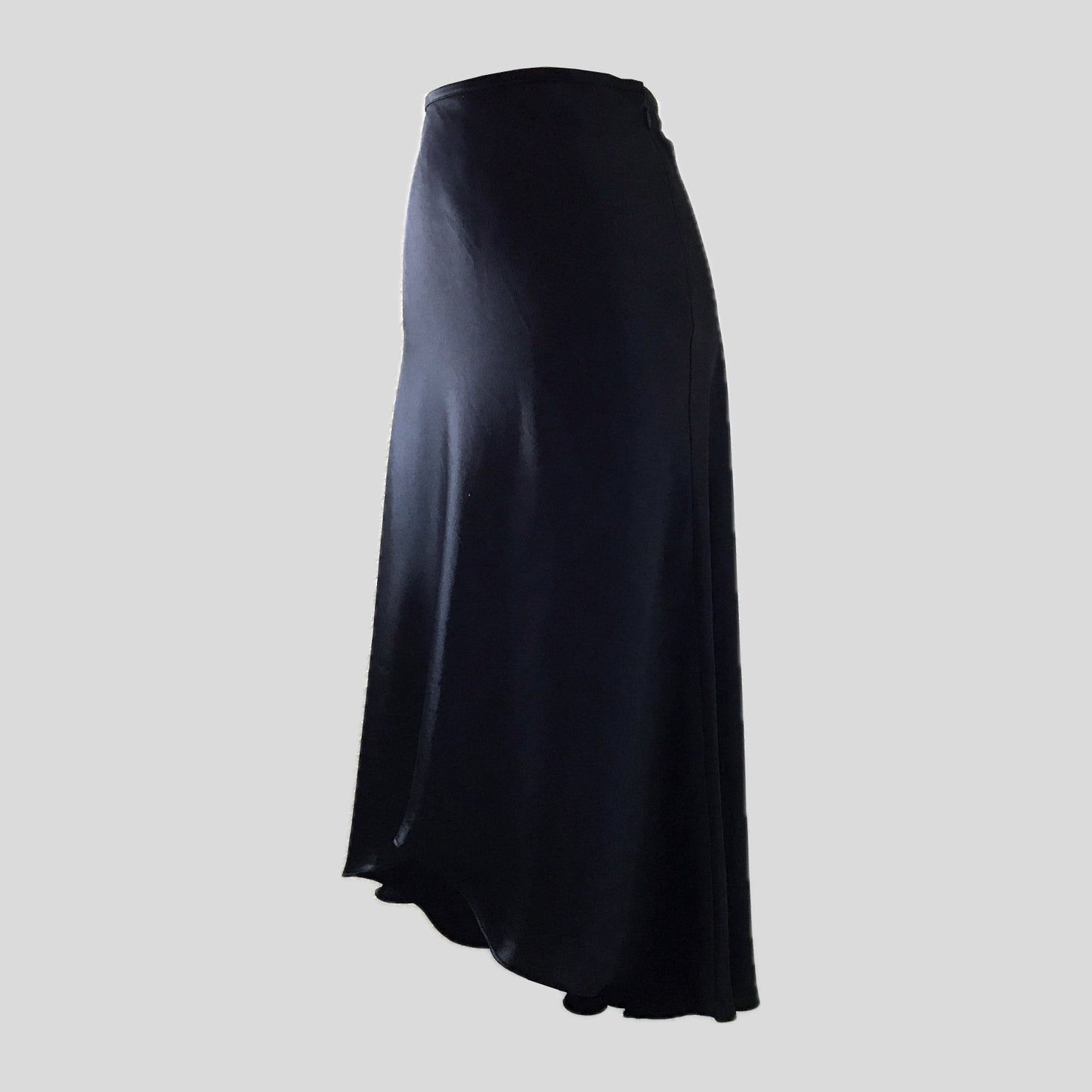 Vintage 1990s ABS Allen Schwartz Black Satin Minimalist Chic Midi Skirt