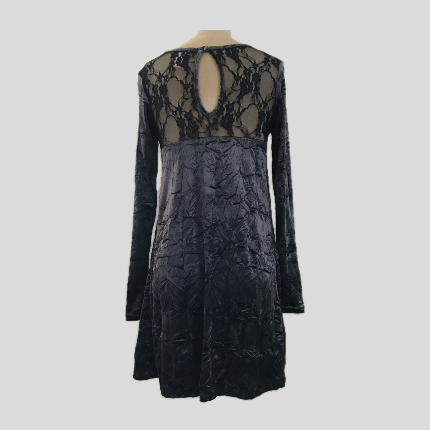 Vintage 1990s Gray Crushed Velvet + Lace Mini Dress