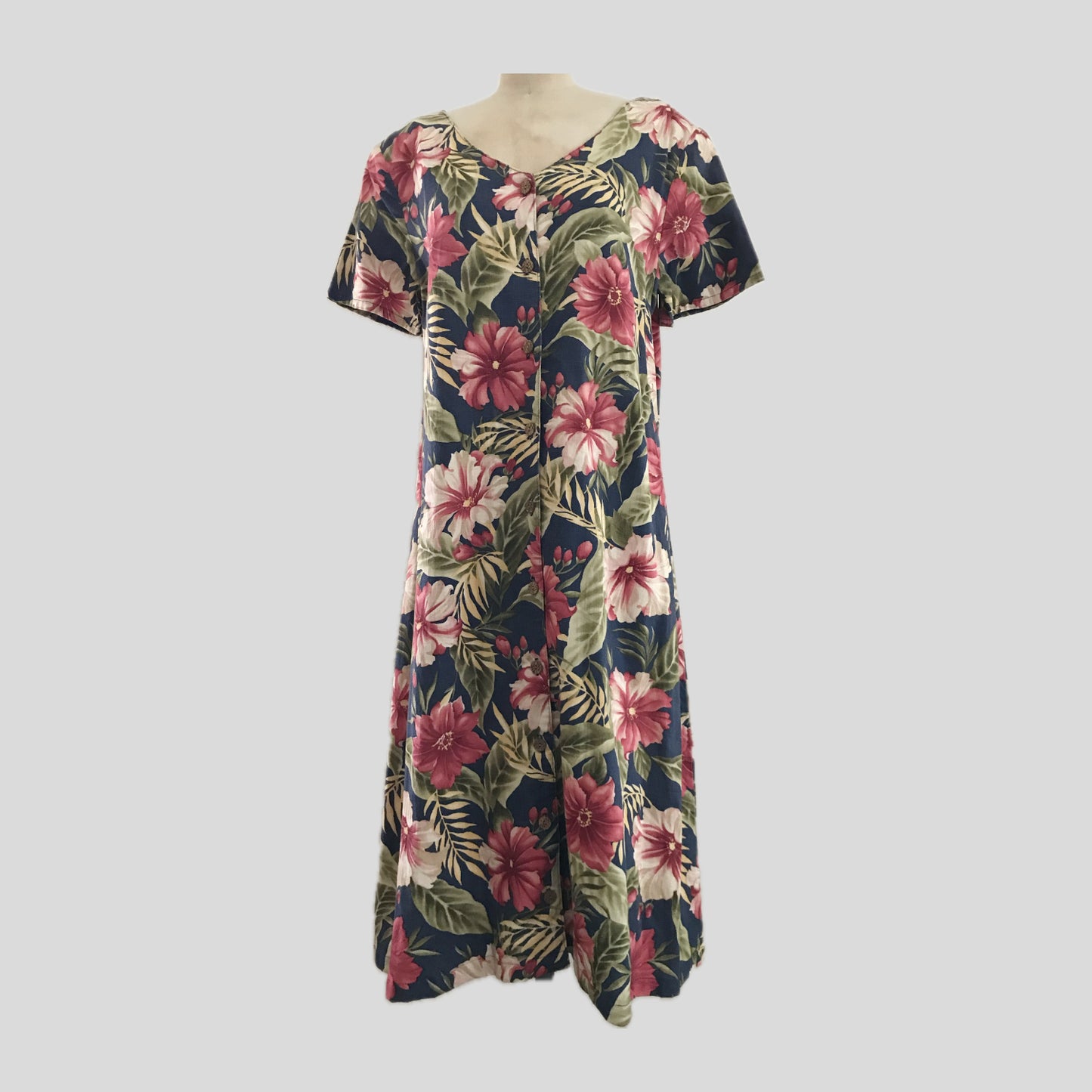 Vintage 1990s Blue Tropical Floral Cotton Midi Dress