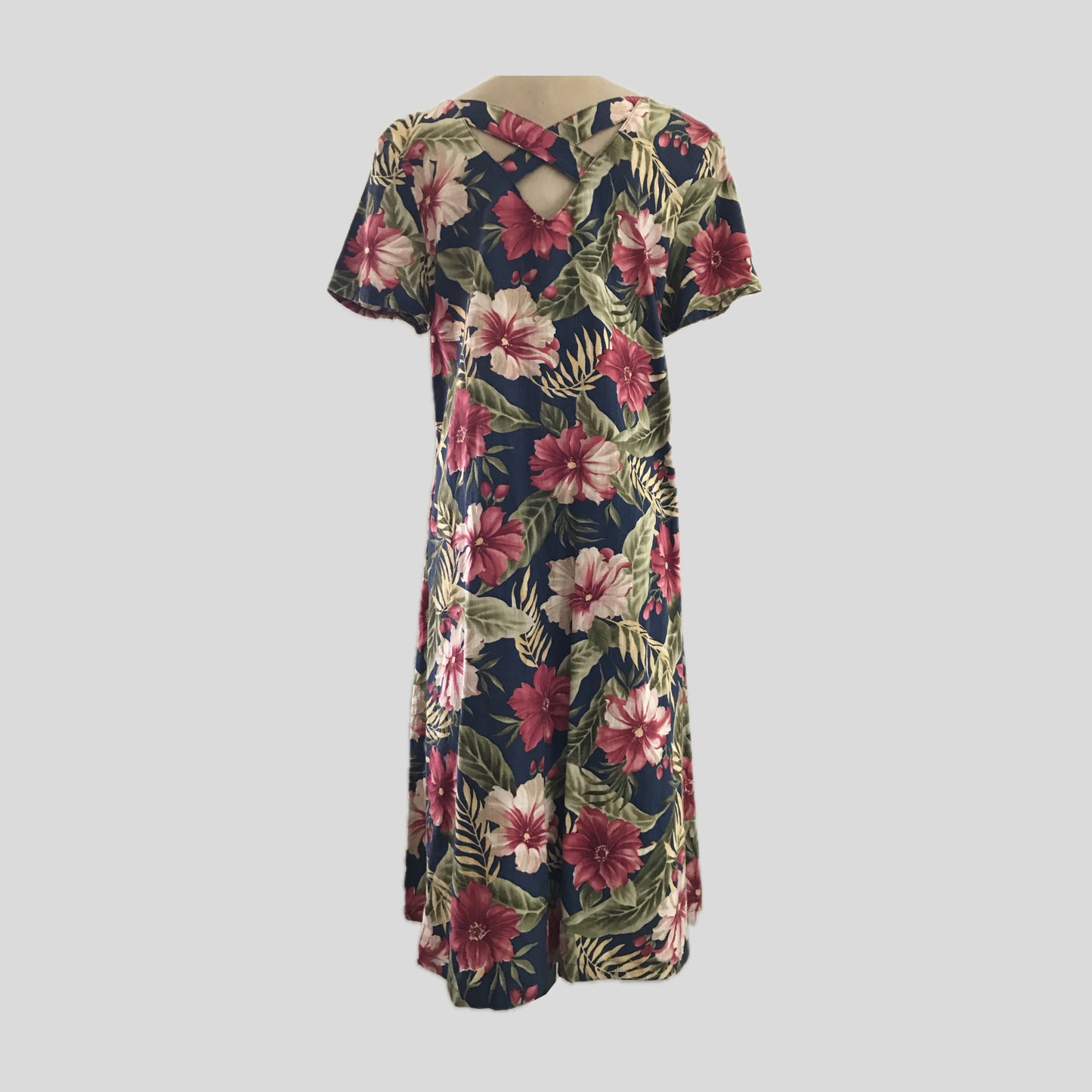 Vintage 1990s Blue Tropical Floral Cotton Midi Dress