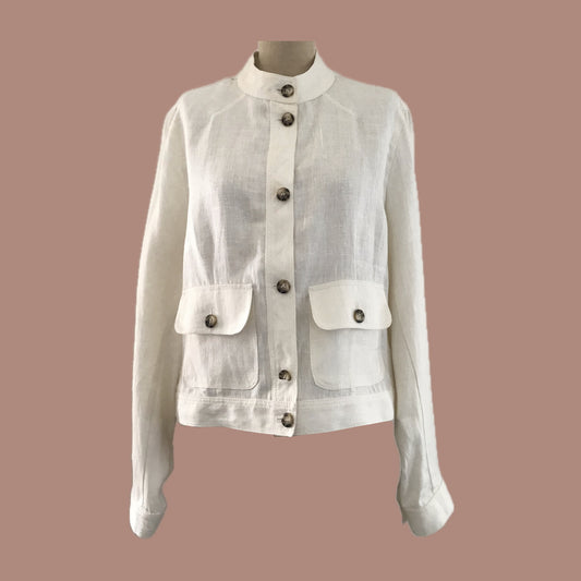 Vintage 1990s Off White Linen Long Sleeve Neutral Safari Jacket Top