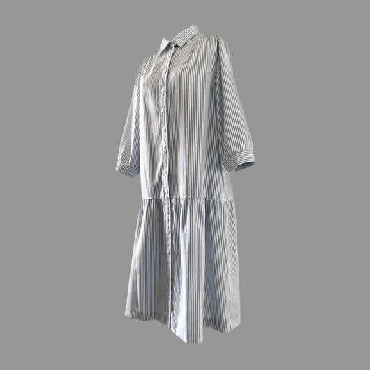 Vintage Blue White Striped Cotton Drop Waist Midi Dress