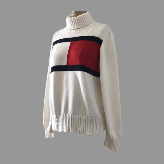 Tommy Hilfiger Vintage Y2k  Ivory Cotton Knit Logo Turtleneck Sweater