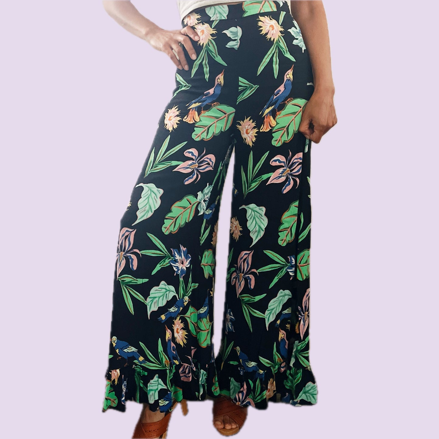 Zara Colorful Floral Wide Leg Cropped Pants