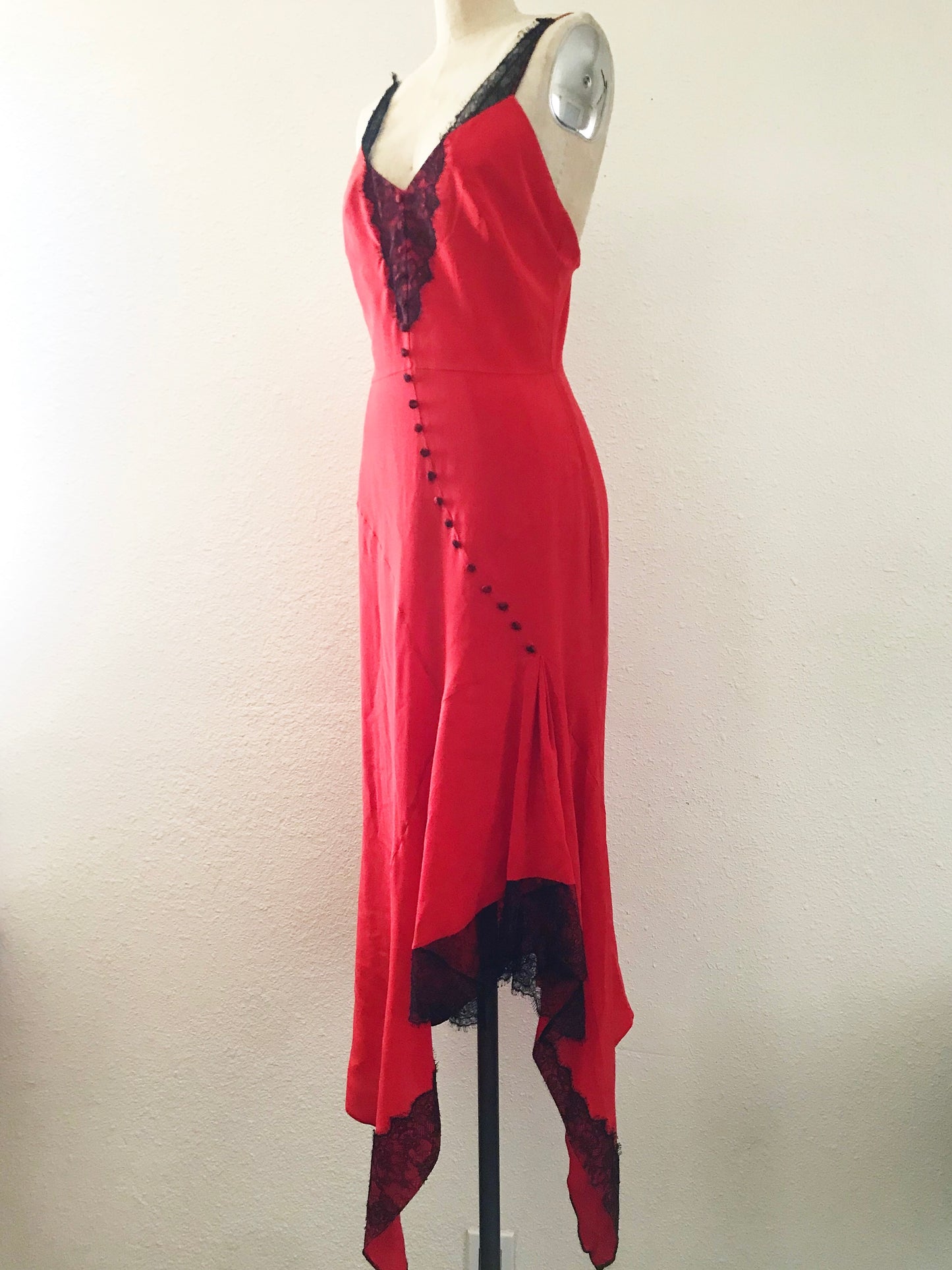 Prelovely | Olivier Theyskens Red Silk Lace Midi Slip Dress