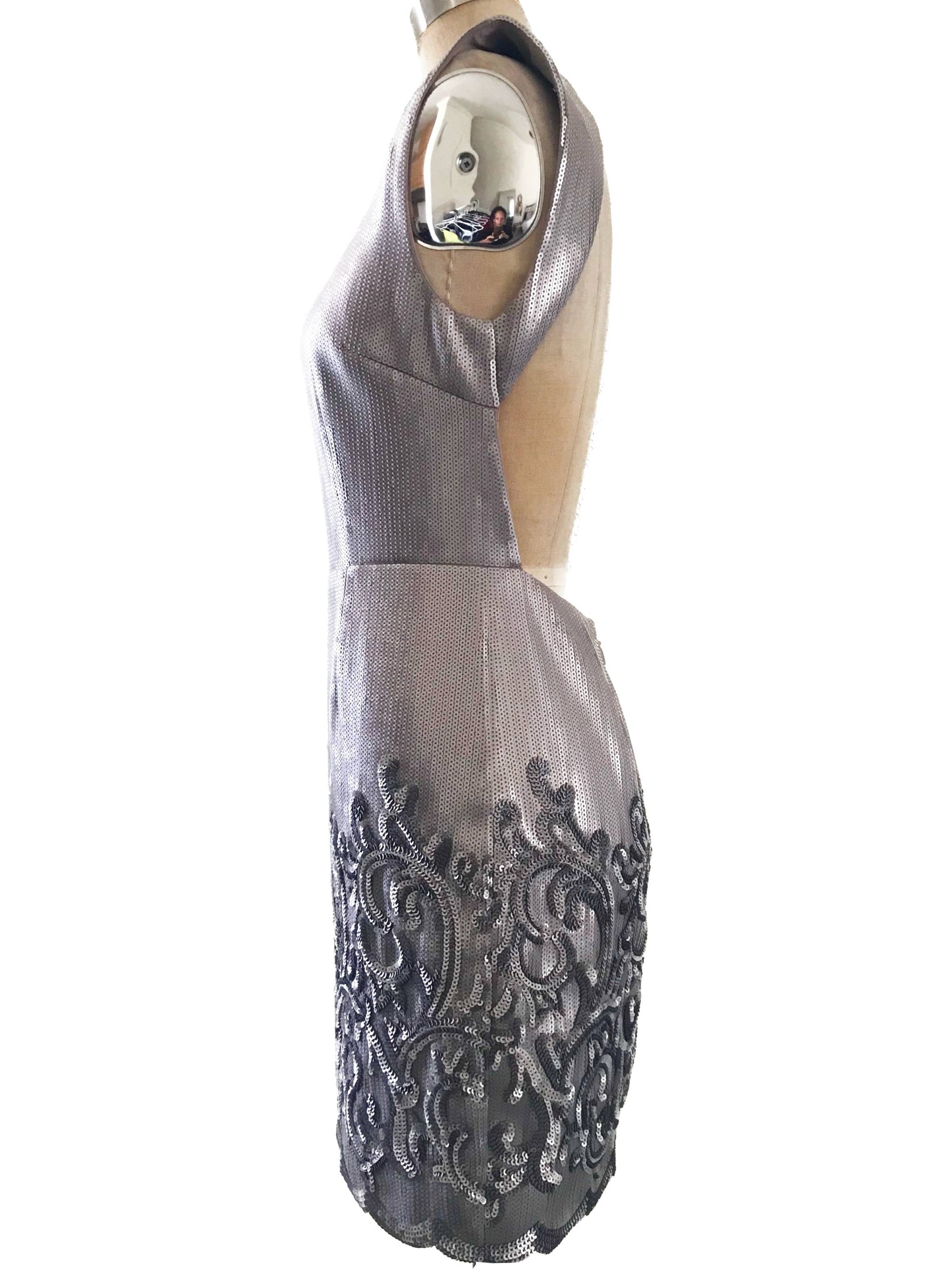 Prelovely |  BCBG MaxAzria Silver Sequin Open Back Cocktail Dress