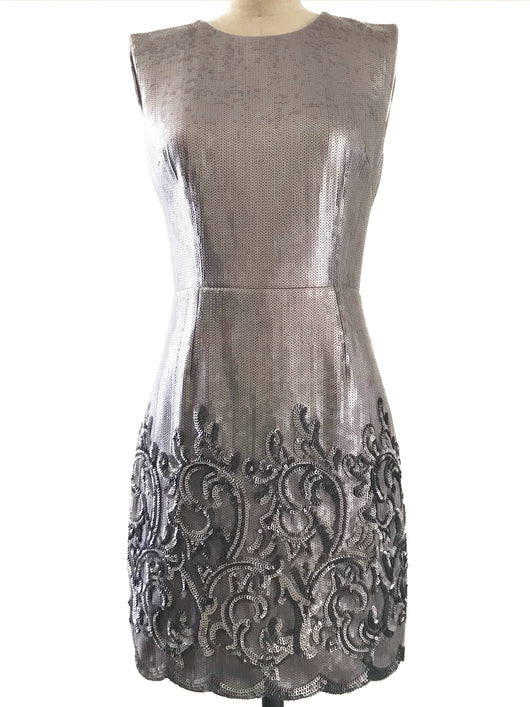 Prelovely |  BCBG MaxAzria Silver Sequin Open Back Cocktail Dress