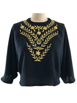 Prelovlely | Pas Pour Toi Black Gold Cropped Embroidered Batwing Chiffon Top